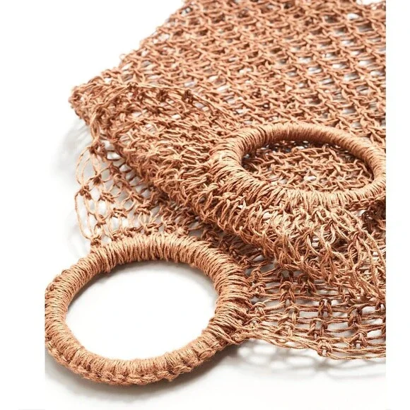 MANGO Shopper Bag Crochet Mesh Net Braided Jute Tote XL Handbag Brown Ltd Editio - Picture 3 of 14